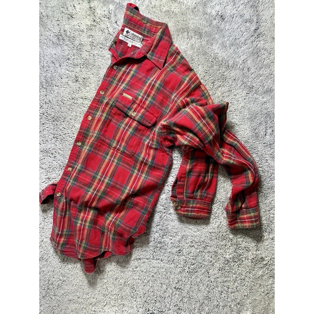 Vintage Columbia Flannel Shirt Mens L Red Plaid Soft Worn Workwear Grunge Cotton